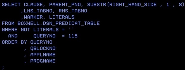 DSN; predicat table, query1-DB2-z-OS-literal-replacement